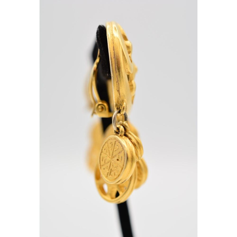 Givenchy Vintage Coin Clip On Earrings Brushed Gold Logo Etruscan Signed BinQ - Picture 8 of 12